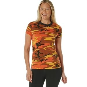 Black & Orange Camouflage Women's Lg Fitted Crew Neck Tee. Fall/Autumn/Halloween